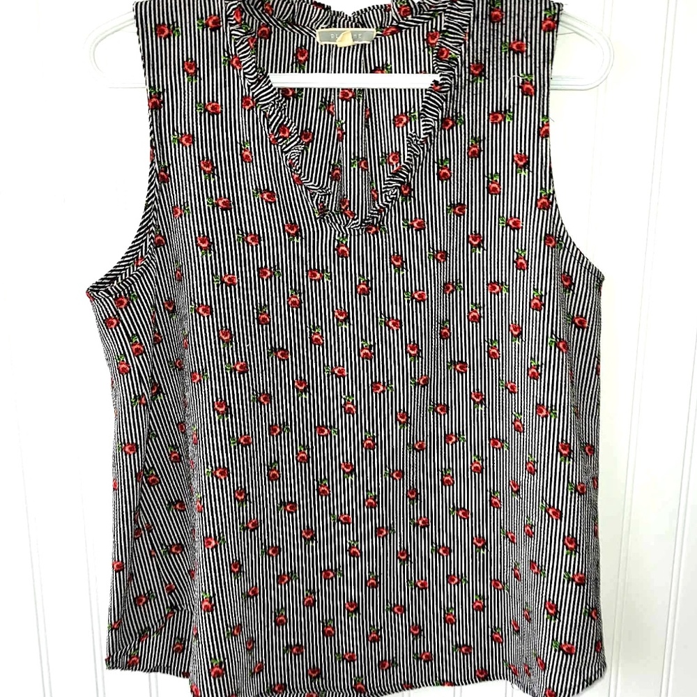 PLEIONE Black/White Stripes Red Floral Print Chic Sleeveless Camisole Blouse Top